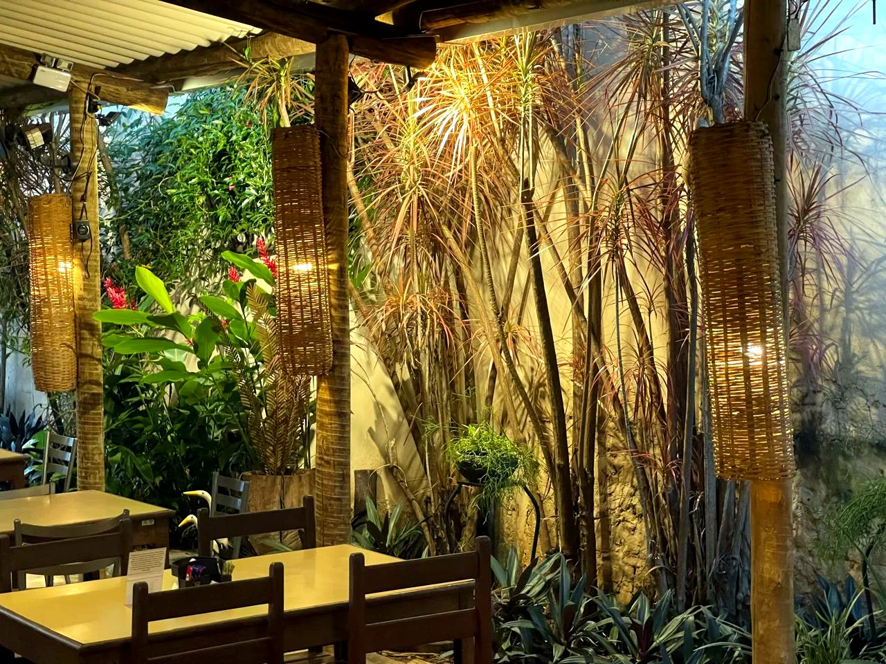 A área de fora, com plantas e as luminárias de palha acesas