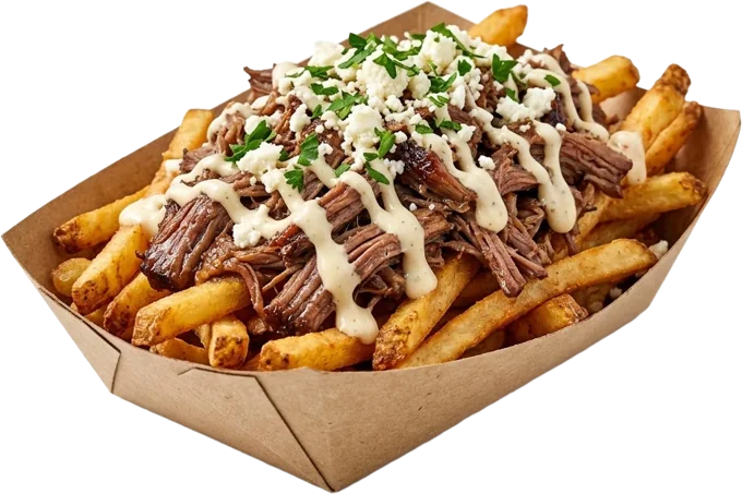 Loaded fries with pulled picanha, garlic aioli and cheese