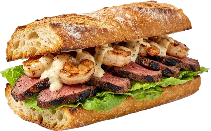 Surf and Turf sandwich with picanha and shrimp