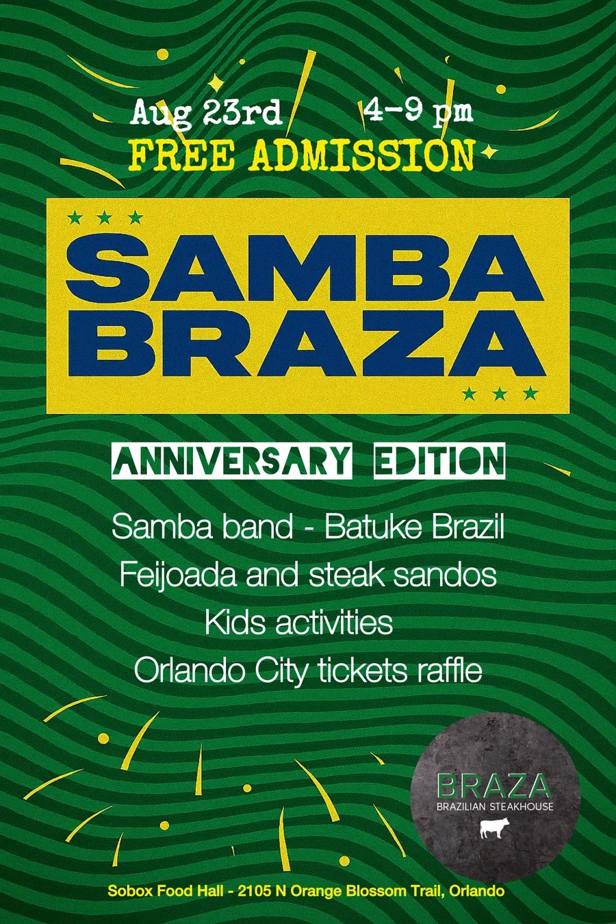 Samba BRAZA poster: samba band Batuke Brazil, feijoada and steak sandos at the food hall