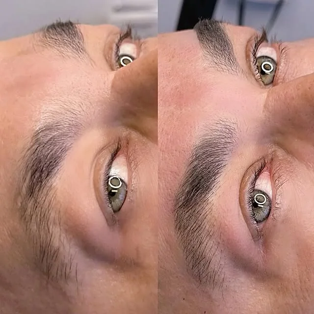 Men's nanoblading, before and after: gaps filled, masculine shape kept