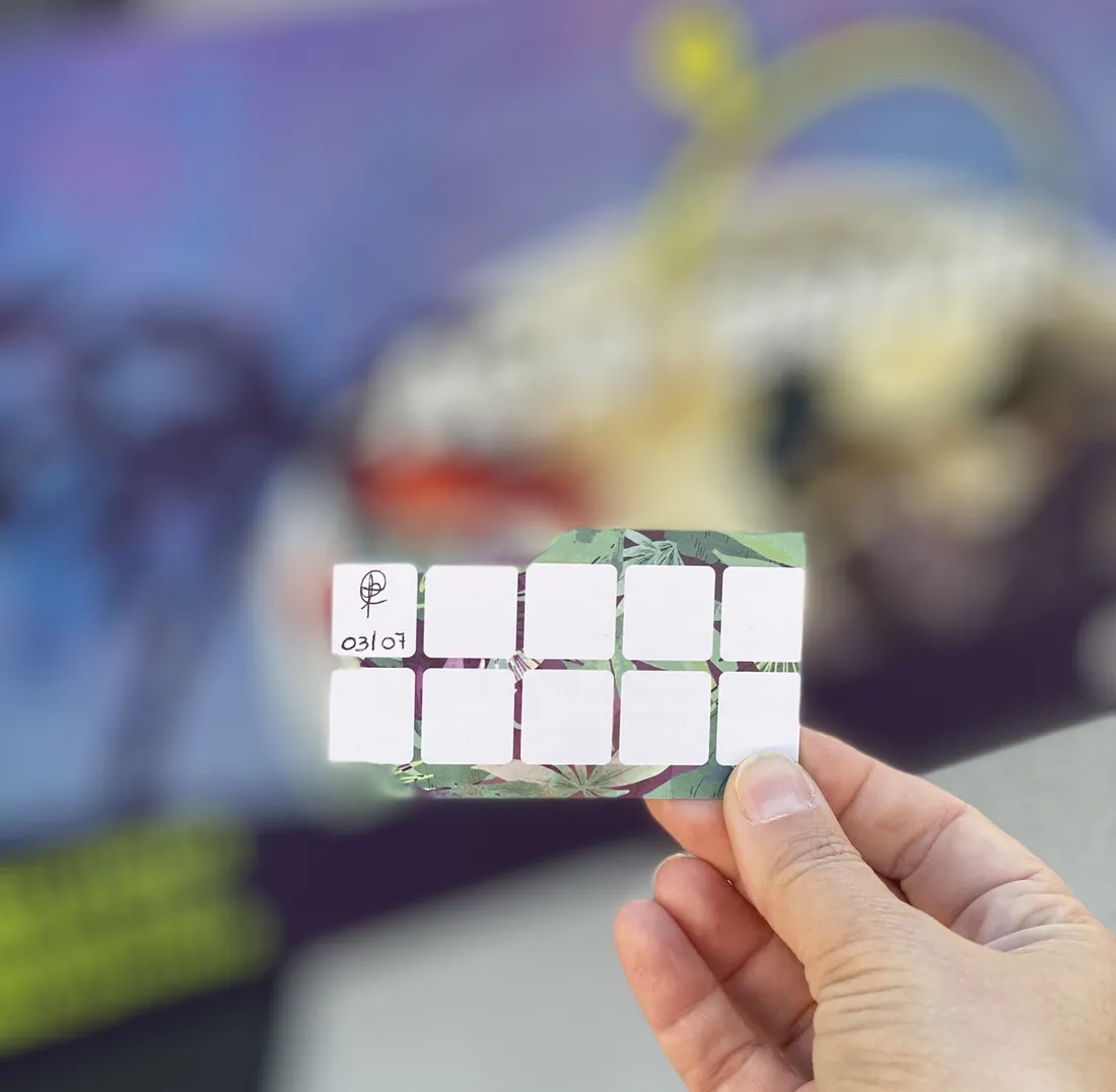 A Flow Açaí stamp card held in front of the kiosk