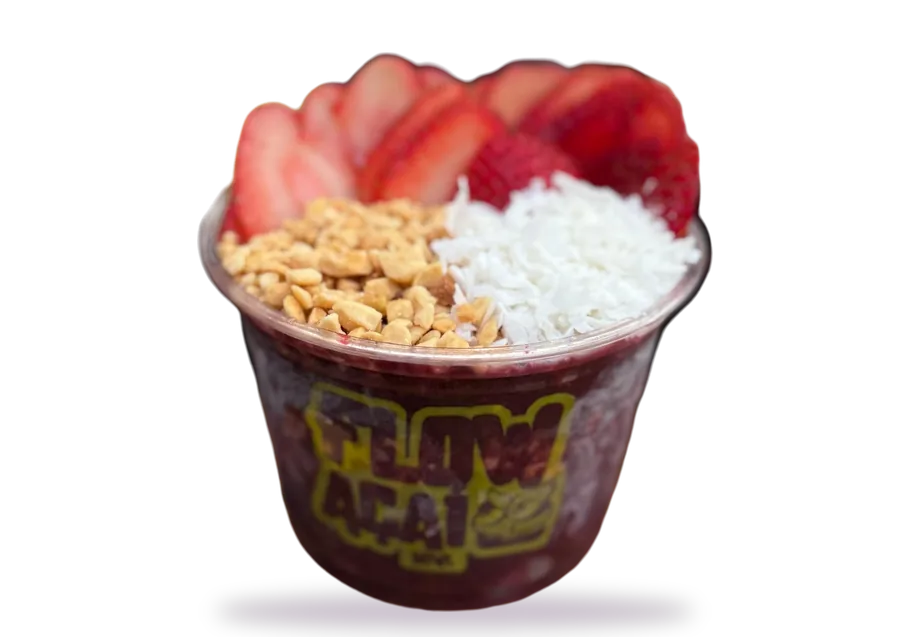 Flow açaí bowl with strawberries, peanuts and coconut